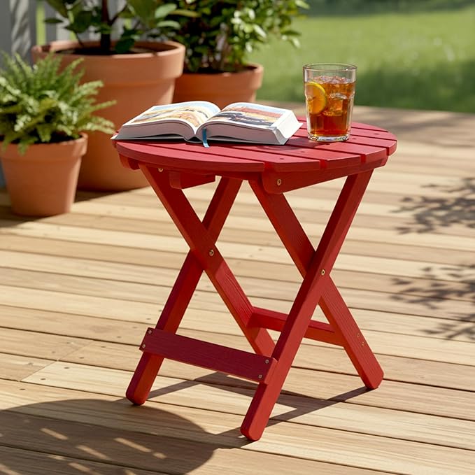 Shine Company Round Wooden Folding Solid Wood Side Table, Outdoor Adirondack Small Patio Table, Chili Red