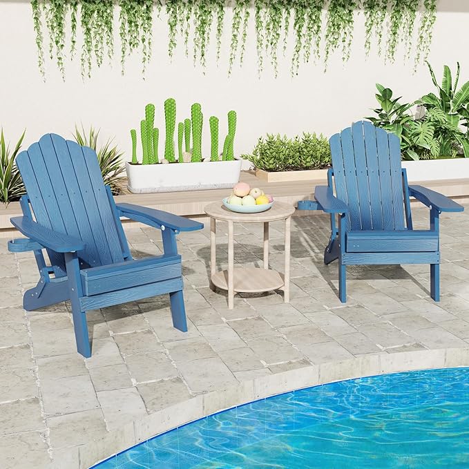 Giantex Folding Adirondack Chair, All-Weather Lounge Chair with Adjustable Backrest, Retractable Ottoman, Cup Holder, HIPS Fire Pit Chair for Lawn, Pool, Patio, Porch (1, Navy)