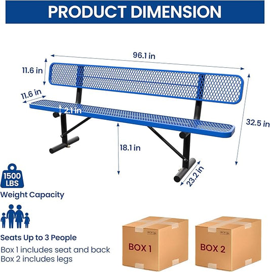 8 Feet Park Bench for Outside,Heavy Duty Patio Garden School Commercial Benches,Weatherproof Outdoor Bench Metal Picnic Bench, Outdoor Steel Bench with Backrest,96.1x23.2x32.5inch