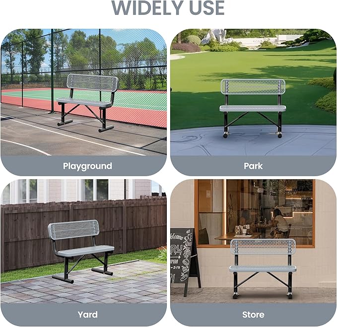 4 Feet Steel Park Bench for Outside, Outdoor Bench with Backrest & Portable Frame, Commercial Benches for Shopping Malls, Stores, Parks, Patios, Decks, Grey