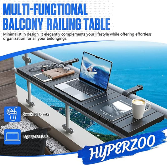 Balcony Bar Table for Railings, Hyperzoo Outdoor Patio Bar, Heavy-Duty Galvanized Iron 49"×9.6" Balcony Side Table, Holds 110 lbs, Adjustable,Easy Assembly,Fits 4.4" or Less Top Rail(Black)