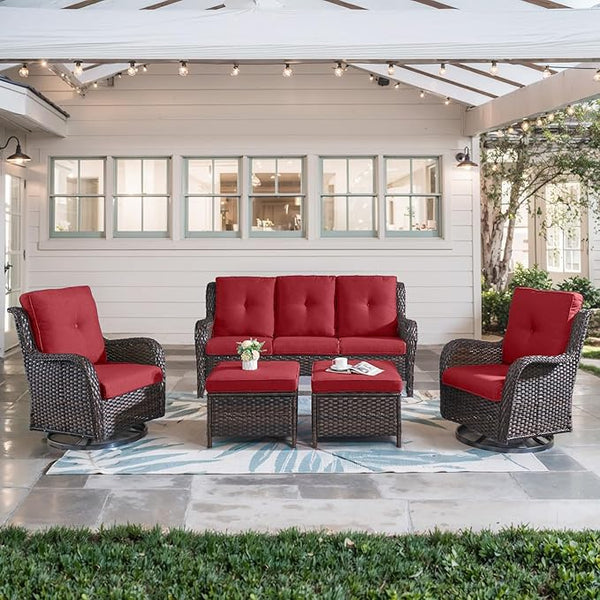 Belord 5 Piece Wicker Patio Furniture Set, Outdoor Swivel Rocker Chairs Set of 2 with Ottomans and 3 Seater Sofa - Photo 1