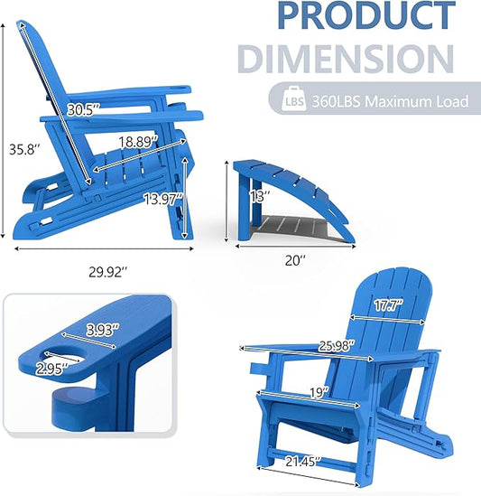Shintenchi Adirondack Chair Set of 2,HDPE Adirondack Chairs with Umbrella Hole Connecting Tray & 2 Curved Ottoman,Plastic Outdoor Chairs with Cup Holders for Garden Backyard Pool,Blue