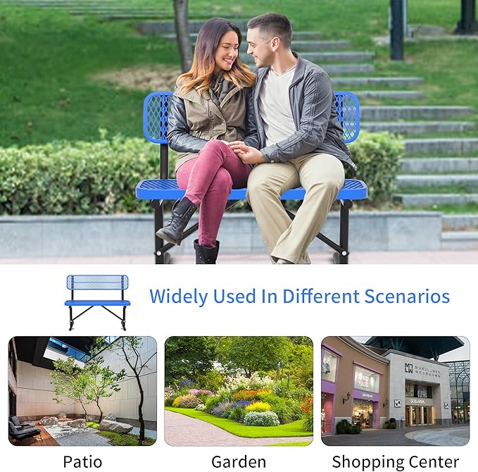 48" Metal Park Benches for Outside - Blue Outdoor Benches Heavy Duty Garden Weatherproof Bench with Backrest, Buddy Bench for Schools,Commercial Benches for Shopping Mall, Store, Yard, Patio