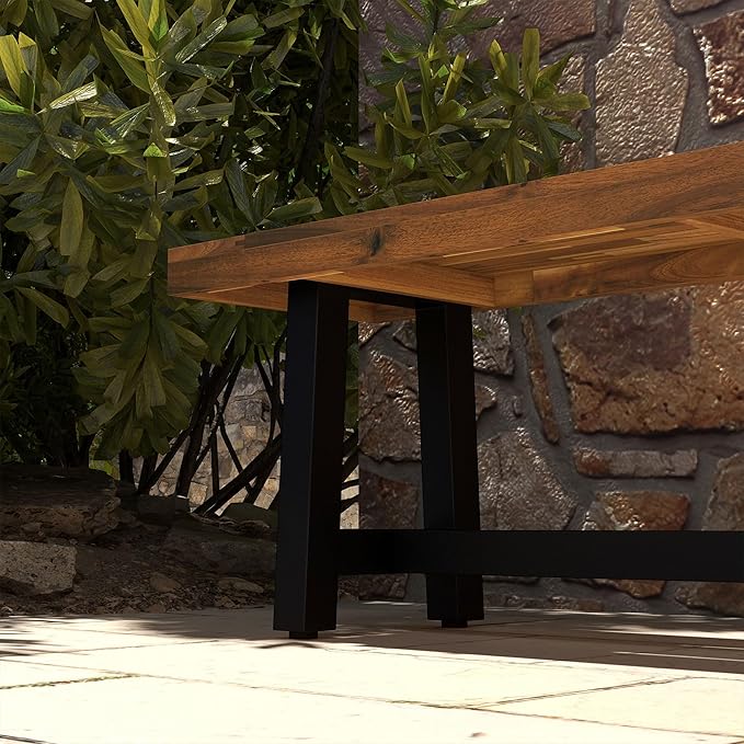 Wooden Outdoor Garden Bench, Park Bench with Acacia Wood Seat, Front Porch Bench with Metal Frame for Conservatory, Poolside, Deck, 63" x 14.25" x 18", Natural