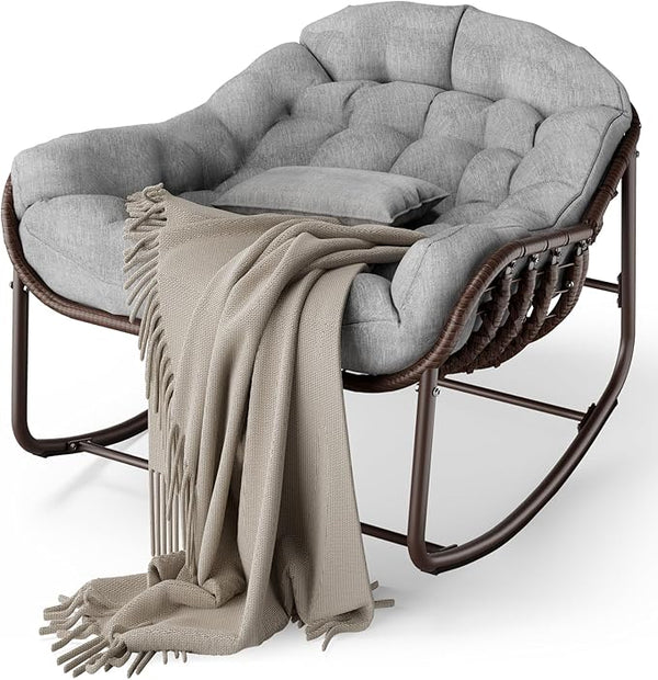 GarveeLife Outdoor Papasan Rocking Chair, Oversized Wicker Lounge Chair with Cushion and Metal Frame