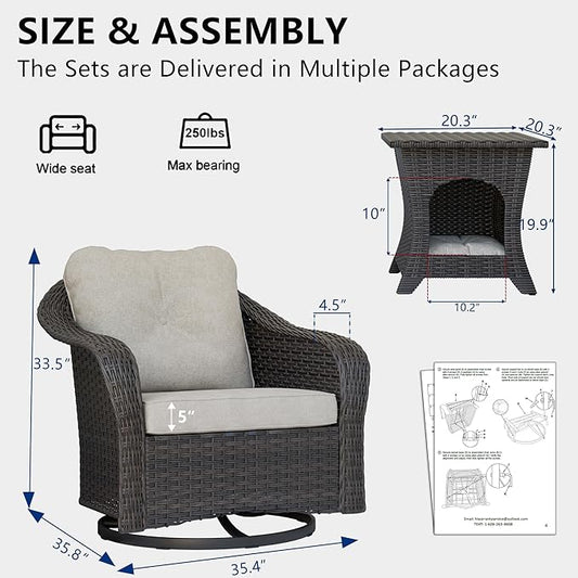 Wicker Swivel Rocking Chairs Set 2 with Storage Side Table - Outdoor Brown Wicker Swivel Glider Chair Outdoor Rocking Chair with Water-Resistant Cushions, Beige