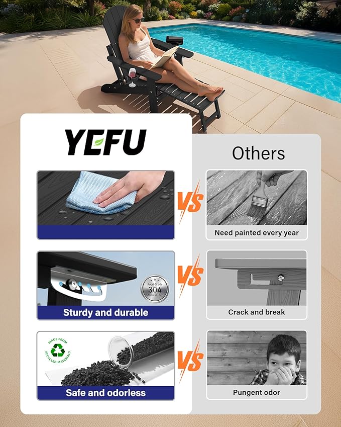 YEFU Adjustable Adirondack Chair with Footrest, 5-Level Adjustable Adirondack Chair with Retractable Ottoman & 2 Cup Holder, Folding Adirondacks Chairs Use for Outdoor, Pool, Patio, Fire Pit (Black)