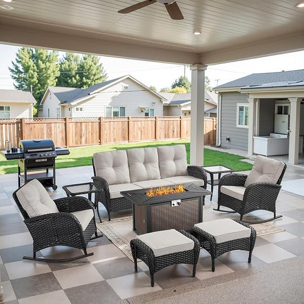 Belord Patio Furniture Set with Fire Pit Table - 8 Piece Outdoor Wicker Furniture Set with 43" 50000 BTU Propane Fire - Photo 1