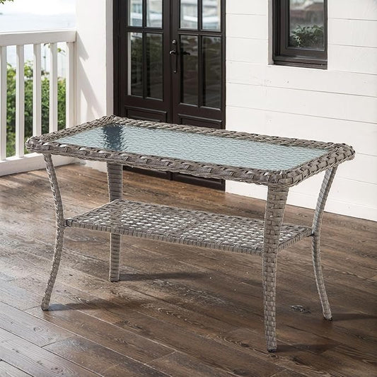 Belord 38 Inch Outdoor Coffee Table with 2 Tier Storage - Wicker Coffee Table with Water Ripple Texture Tempered Glass Top, All Weather Patio Coffee Table for Deck Porch Balcony Garden Gray