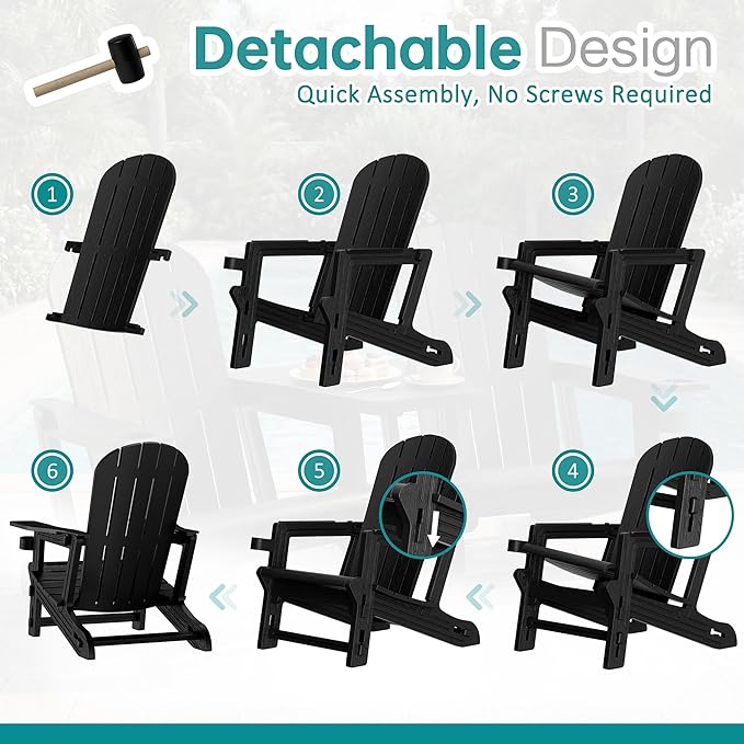 Shintenchi Adirondack Chairs Set of 2,HDPE Adirondack Chairs w/Removable Tablelop & Umbrella Hole,All-Weather Wooden Textured Plastic Outdoor Chairs w/Cup Holders for Garden Backyard Pool,Black