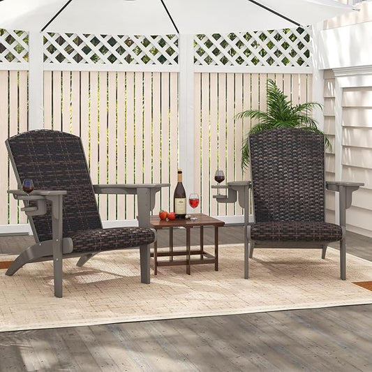 Tangkula Patio Wicker Adirondack Chair, HDPE Lounge Chair w/Rattan Padded Seat & Back, Wide Armrests & Hidden Cupholder, Outdoor All-Weather Adirondack Fire Pit Chair for Backyard, Lawn (4, Grey)