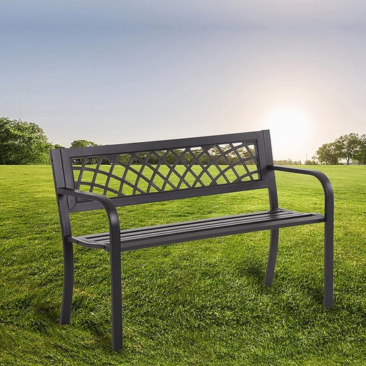 PayLessHere Garden Bench Outdoor Metal Park Benches Cast-Iron Patio Bench with Mesh Pattern Plastic Backrest Armrests for Patio Park Lawn Yard,Black