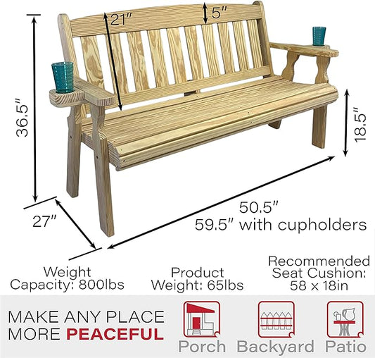 Amish Casual Heavy Duty 800 Lb Mission Pressure Treated Garden Bench with Cupholders (4 Foot, Unfinished)
