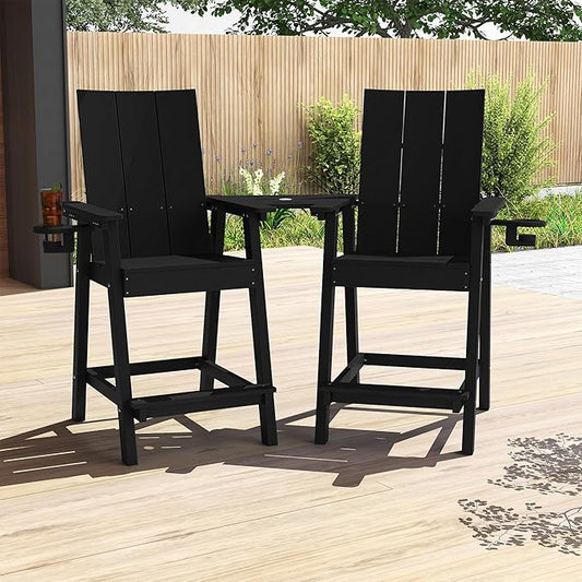 Tall Adirondack Chair Set of 2, HDPE Balcony Chairs with Connecting Tray, Two Cup Holders, All-Weather Adirondack Bar Stools for Patio, Balcony, Backyard, Poolside, Black