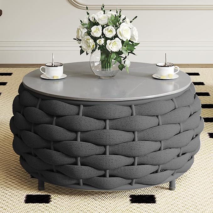 TWT Outdoor Coffee Table for Patio Table Rope Patio Coffee Table Lawn Garden Small Coffee Table with Rock Slab Top All-Weather, 25.6in(Textilene Rope, Dark Grey)