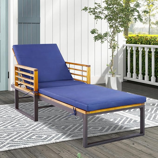 Tangkula Acacia Wood Patio Lounge Chair, Heavy Duty Outdoor Chaise Recliner with with 4 Level Adjustable Backrest, Foam-Padded Cushion, 800 lbs Weight Capacity, for Poolside, Garden, Deck (1, Navy)