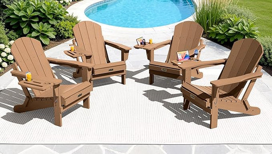 SERWALL Folding Adirondack Chair, Adirondack Chairs with 4 in 1 Multi-Functional Cup Holder, Wood-Like Patio Chair, Lawn Chairs, Weather Resistant HIPS Plastic Fire Pit Chair for Garden, Backyard