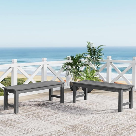 Outdoor Bench Set of 2, 2-Person Patio Backless Benches, HIPS Weatherproof Garden Bench That Never Rot and Fade, Suit for Backyard, Church, Patio, Deck and Entryway (Grey)
