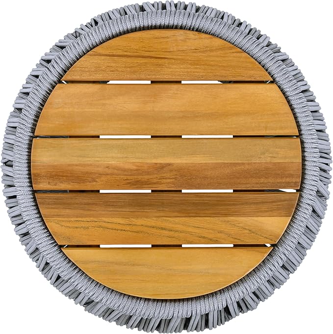 Merax Bohemian Round Outdoor Side Table with Acacia Wood Top and Grey Handwoven Rope Base, Boho Patio Coffee Table for Garden, Pool, Deck, Balcony, Yard