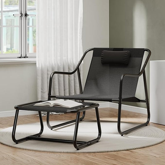 YITAHOME Patio Lounge Chair with Ottoman Set of 2, Oversized Papasan Chair, Versatile Indoor/Outdoor Textilene Lounge with Metal Handrail and Footstool, Idea for Living Room, Porch, Backyard or Garden