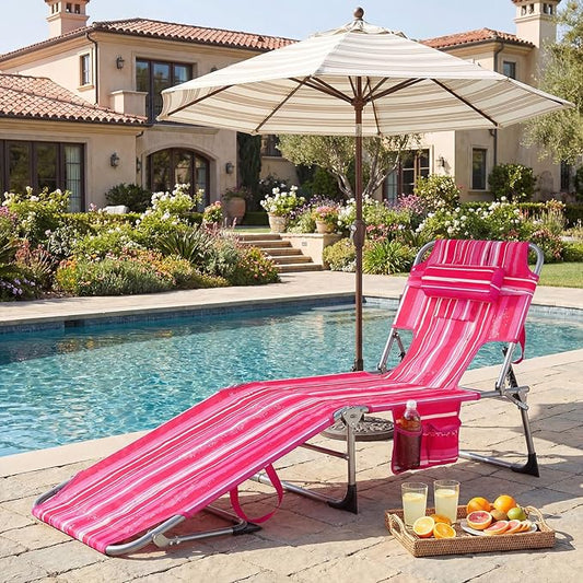 GYMAX Tanning Chair with Face Hole, Sun Bathing Lounge Chairs for Outside with Side Pocket, Folding Portable Face Down Layout Tanning Chair Beach, Backyard, Poolside, Lawn (Pink Stripe,2)