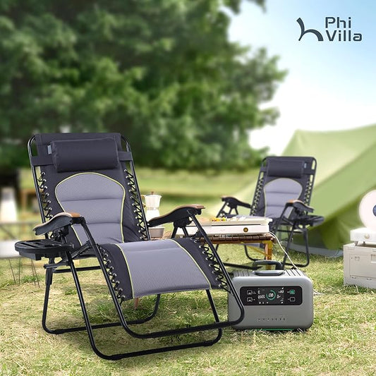PHI VILLA XXL Oversized Padded Zero Gravity Chair, Foldable Patio Recliner, 30" Wide Seat Anti Gravity Lounger with Cup Holder, Support 400 LBS (Gray Accent)