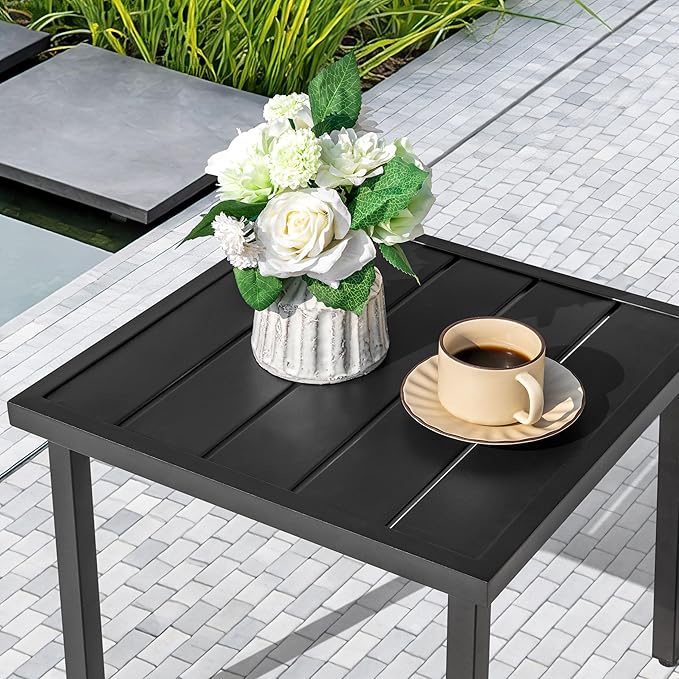 NUU GARDEN Square Outdoor Side Table with Slatted Top and Adjustable Feet, Powder-Coated Metal Patio Table, All-Weather Patio Coffee Table for Backyard Pool Porch Garden Lawn, Black