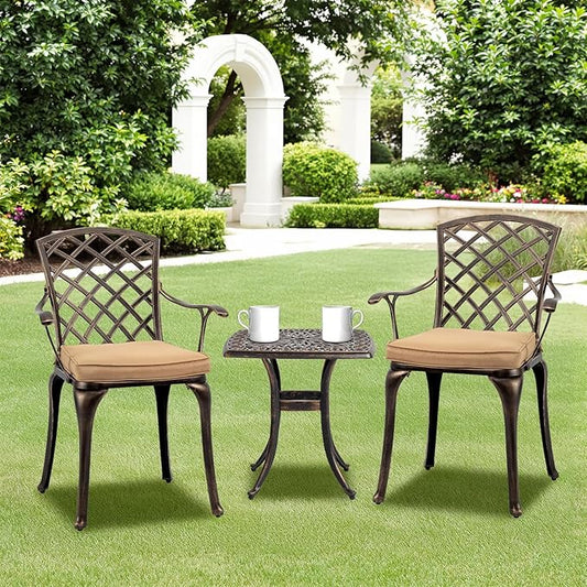 VINGLI Patio Chairs Set of 2, All-Weather Cast Aluminum Outdoor Dining Chairs with Cushion, Metal Armchairs for Poolside, Backyard, Balcony