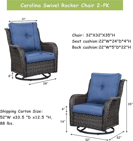 Rilyson Wicker Rocking Chair Swivel Chairs - 4 Piece Rocker Patio Chairs Set Rattan Rocking Chair for Outdoor Porch Deck Garden Backyard(Brown/Blue)