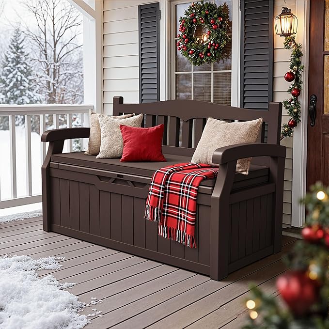 JUMMICO 80 Gallon Resin Outdoor Storage Bench with Cushion, Large Deck Box with Armrest, Lockable&Waterproof for Garden, Home, Patio, Pools (Brown, 80 Gallon)