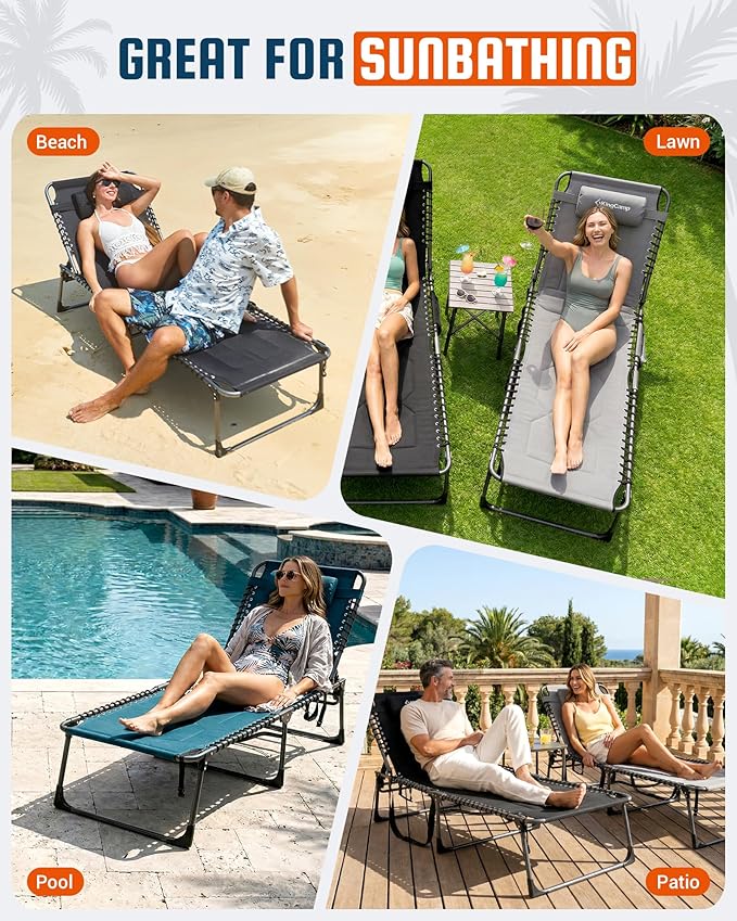 KingCamp Oversized Tanning Chair, Extra-Wide Padded Folding Chase Lounge Chairs Portable Adjustable 5-Position 440lbs Heavy Duty Lounger with Double-Layer Oxford for Outdoor Beach Patio Sun Pool Grey