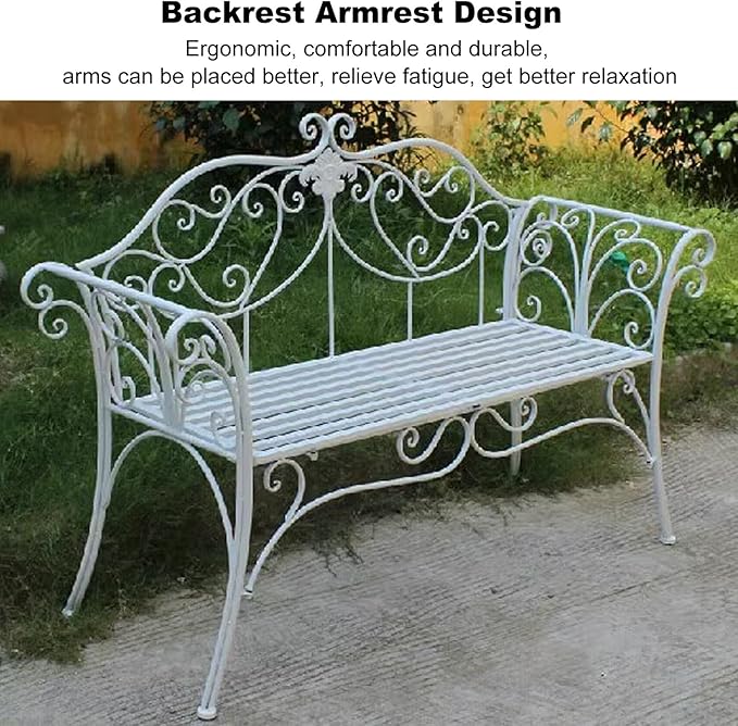 Metal Garden Bench, 52 in Outdoor Benches Weatherproof with Backrest and Armrests, 2 Seats Patio Benches for Front Porch, Patio, Park, Yard(Blue)