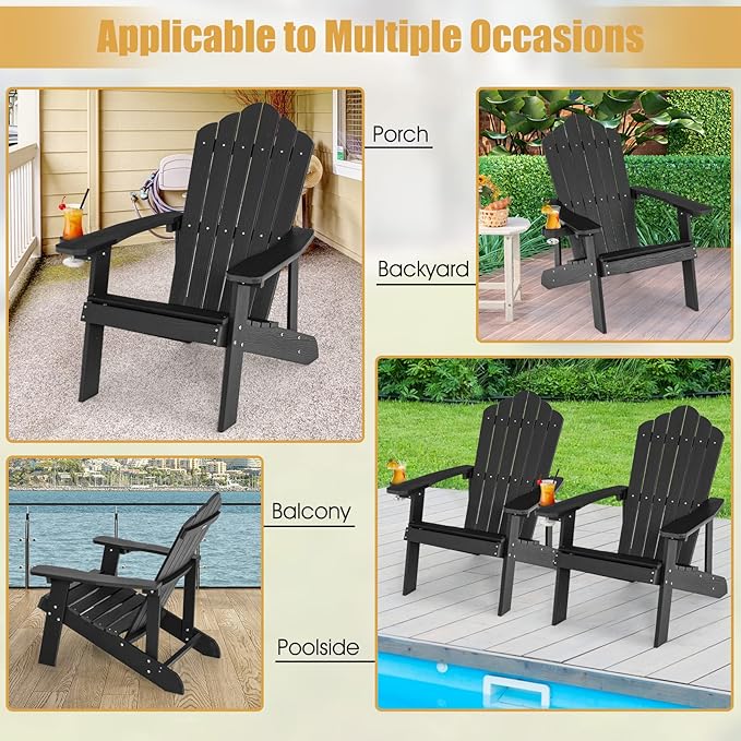 Giantex Outdoor Adirondack Chair - Oversized Patio Chairs w/Hidden Cup Holder, Realistic Wood Grain, 380 LBS Weight Capacity, Weather Resistant Firepit Chairs for Backyard, Garden (1, Black)