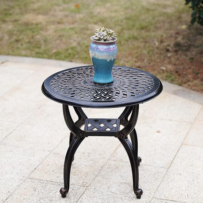 Mandolin Outdoor Patio,Rust -Resistant Cast Aluminum Side Table,Weather Resistant End Table,Coffee Table, Perfect for Patio, Backyard Or Garden. (Aluminum Round, Copper)