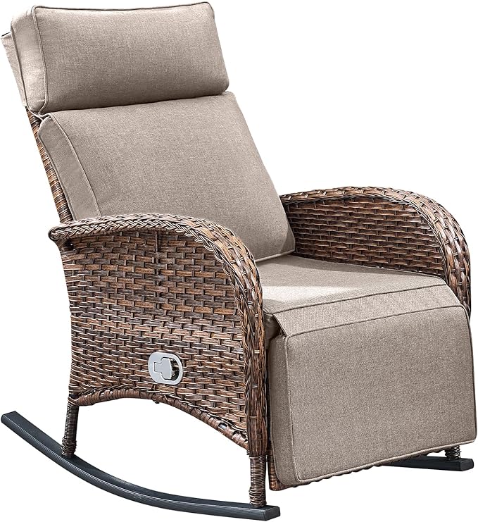 Belord Zero Gravity Patio Swivel Rocking Recliner Chair - Wicker Outdoor Lounge Chair with Adjustable Backrest & Footrest, All Weather Reclining Rocker Chairs with Thick Cushion for Pool Deck Beige