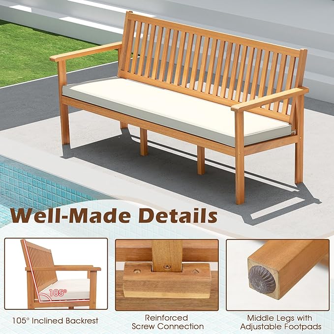 Tangkula 3-Seat Acacia Wood Outdoor Bench with Cushion, 64" Extra Long Garden Bench with Slatted Seat & Backrest, 3-Person Patio Wood Bench for Backyard, Porch, Balcony & Garden