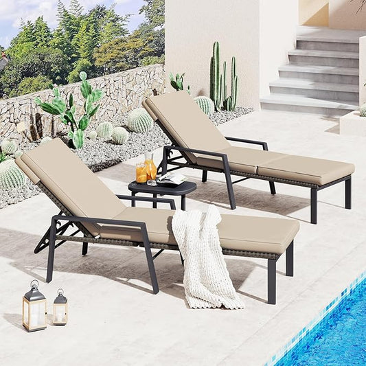AECOJOY Chaise Lounge Chairs for Outdoor, Lounge Chairs Set of 2, Adjustable PE Rattan Wicker Patio Pool Lounge Chair with Cushion and Wheels for Backyard Deck Porch Garden, Brown Rattan&Khaki Cushion