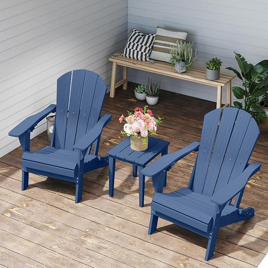 Foldable Adirondack Chair with Cup Holder-Heavy Duty Recycled HDPE Outdoor Patio Furniture, Weather Resistant Deck Lawn Fire Pit Chair (Navy, 4 Chair)