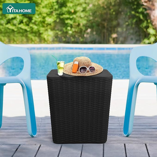 YITAHOME Outdoor Coffee Table with Extra Storage 11.5 Gallon Resin Rattan Side Table for Patio Decor,Cushions(Black) | Extra Storage, Patio Decor, Cushions
