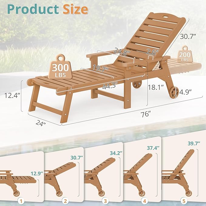 LUE BONA Lounge Chair Outdoor with Table, 2-Piece, HDPS Chaise Lounge Outdoor with Wheels,5 Positions Adjustable Pool Lounger Chairs for Outside, Patio, Teak Color