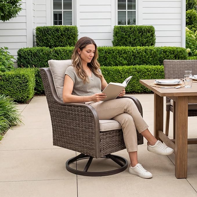 Loungewave Swivel PE Wicker Chair, Outdoor High Back Swivel Patio Chair, 360 Degree Outdoor Swivel Chair with Cushion, Patio Furniture for Porch Balcony Garden, Poolside (Brown/Beige)