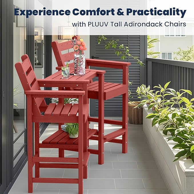 PLUUV Tall Adirondack Chairs Set of 2, All Weather HDPE Poly Bar Height Balcony Adirondack Chair with Removable Double Connecting Trays, Outdoor Adirondack Barstools for Deck, Patio, Yard, Pool, Lawn