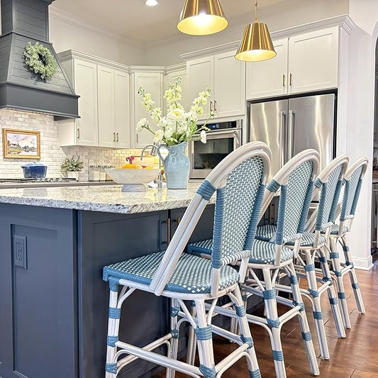 PURPLE LEAF French Bar Stool Set of 2 White Print Finish Patio Bar Stools with Back Rattan Chairs Wicker Bar Height Stool 30" with Footrest Kitchen Island Stools Outdoor Barstool Light Blue