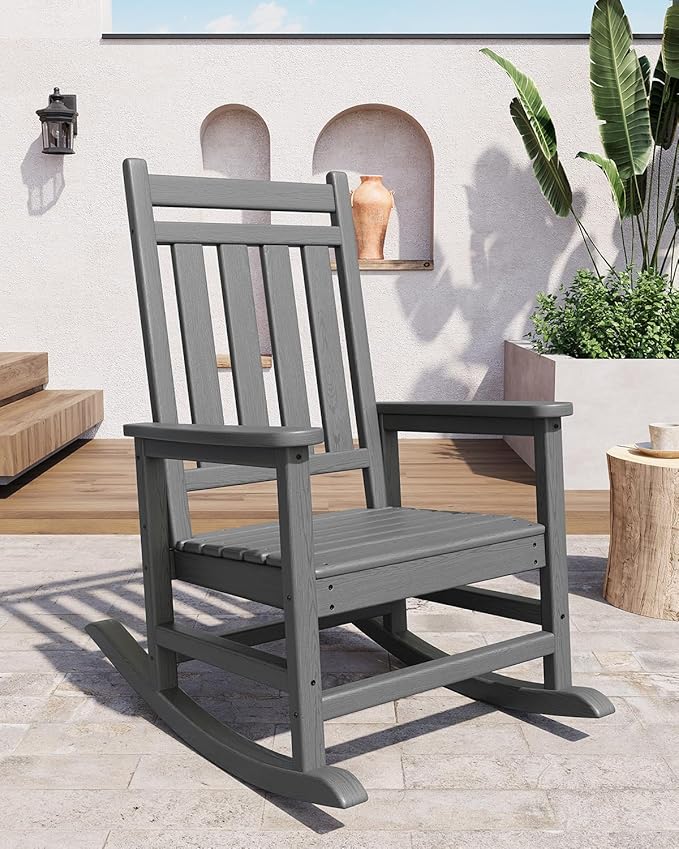 GarveeHome Adirondack Outdoor Rocking Chair, All Weather HDPE Plastic Patio Rocker Chair with Wide Armrests, Classic Fire Pit Chair for Porch, Deck, Lawn, Garde, 380LBs, Easy to Install, Grey