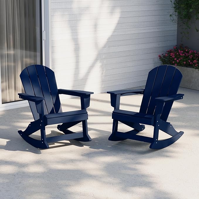 Costaelm Outdoor Adirondack Chair Set of 2, All Weather Resistant Classic Balcony Chair and Fire Pit Chairs, Plastic Outdoor Porch Furniture Rocking Chair High Back HDPE Poly Lumber, Navy Blue