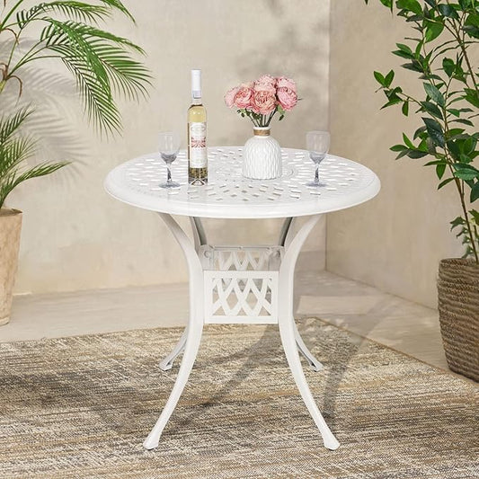 VIVIJASON 31" Patio Bistro Table Outdoor Dining Round Table White Cast Aluminum Table with Umbrella Hole