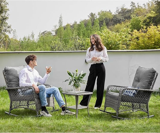 Patio Furniture Set 3 Pieces, Wicker Outdoor Rocking Bistro Set with Thick Cushions, Outdoor Rocker Chairs and Coffee Table for Porch, Backyard or Garden (Grey)