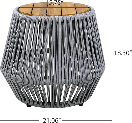 Merax Bohemian Round Outdoor Side Table with Acacia Wood Top and Grey Handwoven Rope Base, Boho Patio Coffee Table for Garden, Pool, Deck, Balcony, Yard