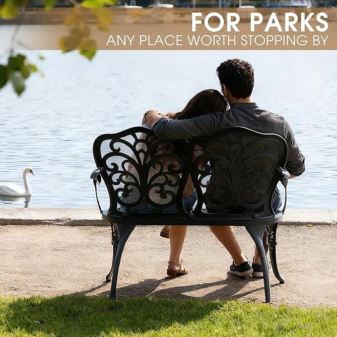 Outdoor Bench, Cast Aluminum Double Seating with Backrest and Armrests, Mental Outdoor Furniture for Patio, Porch, Garden, Park, Black Butterfly